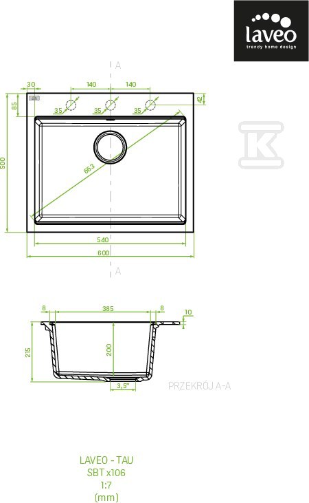 Zlew granitowy TAU 1 komorowy 50x60cm z - SBT_4106