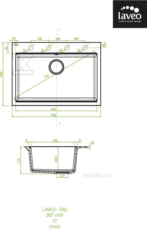 Zlew granitowy TAU 1 komorowy 50x70cm z - SBT_4107