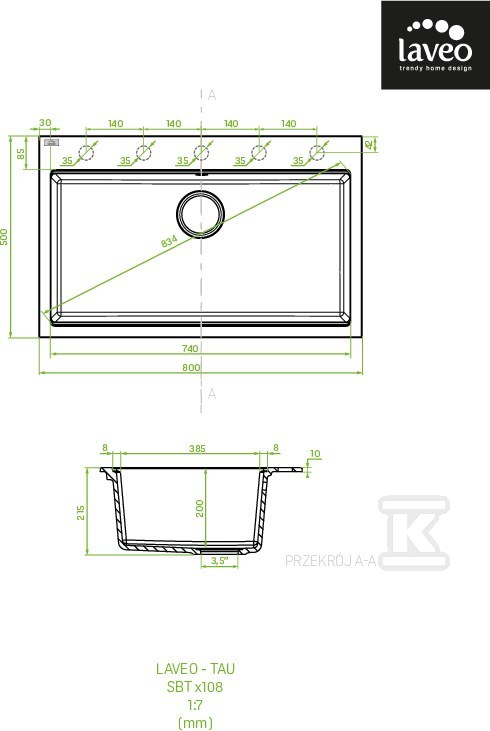 Zlew granitowy TAU 1 komorowy 50x80cm z - SBT_4108