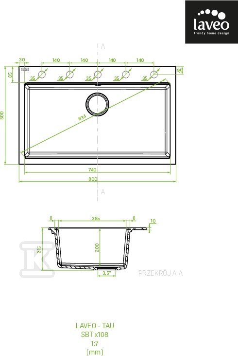 Zlew granitowy TAU 1 komorowy 50x80cm z - SBT_5108