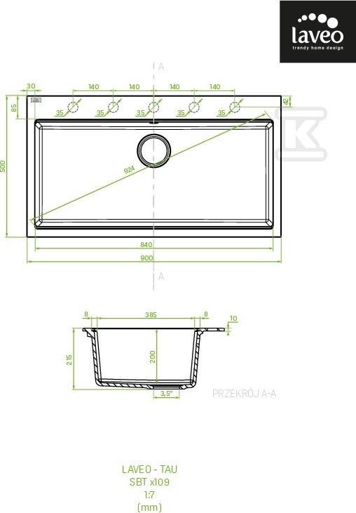 Zlew granitowy TAU 1 komorowy 50x90cm z - SBT_7109