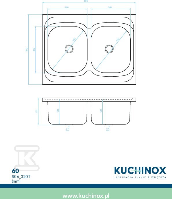 60 Zlew stalowy nakładany 2 komorowy - SK6_320T