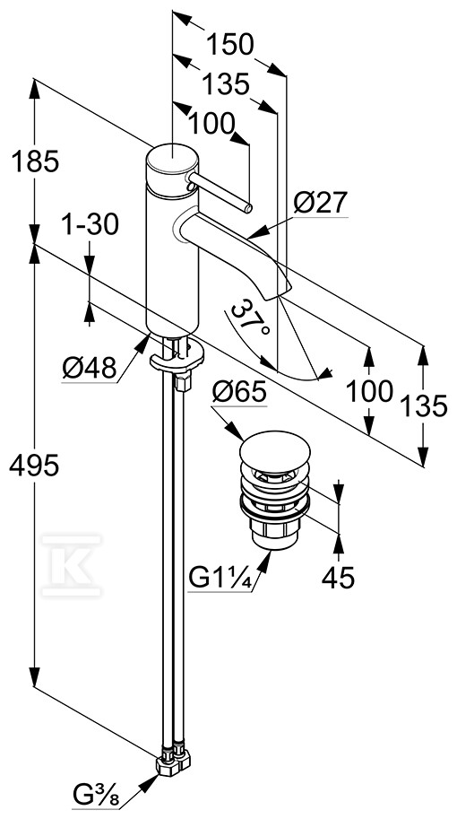 Bateria umywalkowa BOZZ jednouchwytowa, - 38288N076