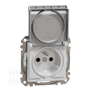 Single socket with ground, 2P+PE with shutters IP44, silver aluminum ...