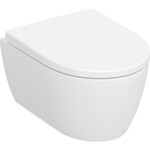 Zestaw wiszącej miski WC Geberit iCon, lejowa, krótka, ukryte mocowania, TurboFlush, z deską sedesową: T=49cm, Wolne opadanie=Tak, Zawiasy wypinane=Blokowane, Mocowanie=Od góry, Biały
