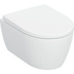 Zestaw wiszącej miski WC Geberit iCon, lejowa, krótka, ukryte mocowania, TurboFlush, z deską sedesową: T=49cm, Wolne opadanie=Tak, Zawiasy wypinane=Blokowane, Mocowanie=Od góry, Biały / Matowy