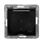 Бризгозахищена розетка з заземленням Schuko IP-44 зі щитками для токових доріжок, прозорий кришечка — матовий чорний IMPRESJA GPH-1YSP/M/33/D
