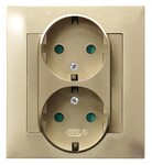 Подвійна розетка з заземленням Schuko з захисними пластинами на струмових каналах, у комплекті з рамкою — ЗОЛОТИЙ МЕТАЛІК ІМПРЕСІЯ