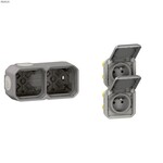 Gniazdo podwójne z uziemieniem 2x2P+Z, pioNOWE, mechanizm 16A-250 V~- szare, NOWE PLEXO 55 + Puszka natynkowa podwójna z przepustem membranowym - szara, NOWE PLEXO 55, 069563L / 069672L