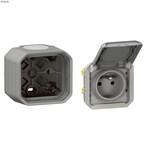 Gniazdo pojedyncze z uziemieniem 2P+Z, zaciski automatyczne, mechanizm 16A-250V~- szare, NOWE PLEXO 55 + Puszka natynkowa pojedyncza z przepustem membranowym - szara, NOWE PLEXO 55, 069551L / 069651L