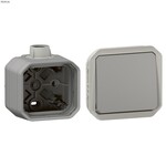 Łącznik schodowy, mechanizm 10AX-250V~ - szary, NOWE PLEXO 55 + Puszka natynkowa pojedyncza z przepustem kablowym PG20 - szara, NOWE PLEXO 55, 069511L / 069656L