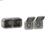 Gniazdo podwójne z uziemieniem 2x2P+Z, poziome, mechanizm 16A-250V~- szare, NOWE PLEXO 55 + Puszka natynkowa podwójna z przepustem membranowym - szara, NOWE PLEXO 55, 069562L / 069672L