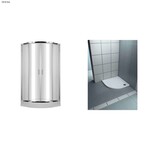 Kabina prysznicowa Onnline 90x90 cm półokrągła R55 szkło transparentne hartowane 5 mm drzwi rozsuwane szerokość wejścia 540 mm profil 0 8 mm z chromowanego aluminium wysokość 185cm oraz brodzik akrylowy Onnline Standard Plus 90x90x5 cm R55 półokrągły