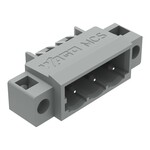 Wtyk THT, pin lutowniczy 1,0 x 1,0 mm, konstrukcja kątowa, kołnierz mocujący, raster 5 mm, 3-biegunowe szary