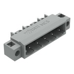 Wtyk THT, pin lutowniczy 1,0 x 1,0 mm, konstrukcja kątowa, kołnierz mocujący, raster 5 mm, 5-biegunowe szary