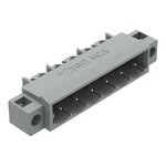 Wtyk THT, pin lutowniczy 1,0 x 1,0 mm, konstrukcja kątowa, kołnierz mocujący, raster 5 mm, 6-biegunowe szary