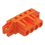 Gniazdo THT, konstrukcja kątowa, raster 5,08 mm, 4-biegunowe kołnierz mocujący, pin lutowniczy 0,6 x 1,0 mm, pomarańczowy