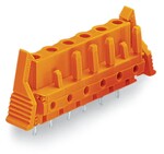 Gniazdo THT, konstrukcja prosta, raster 7,62 mm, 3-biegunowe zaczep ryglujący, pin lutowniczy 0,6 x 1,0 mm, pomarańczowy