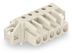 Gniazdo THT, konstrukcja kątowa, raster 5 mm, 6-biegunowe 100% ochrona przed błędnym połączeniem, kołnierz mocujący, pin lutowniczy 0,6 x 1,0 mm, jasnoszary