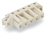 Gniazdo THT, konstrukcja kątowa, raster 7,5 mm, 5-biegunowe 100% ochrona przed błędnym połączeniem, kołnierz mocujący, pin lutowniczy 0,6 x 1,0 mm, jasnoszary