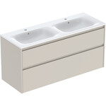 Zestaw podwójnej umywalki meblowej Selnova Square, slim rim, z szafką pod umywalkę, z dwoma szufladami: 130x62.1x48cm, Szerokość umywalki=130cm, Umywalka: biały, Korpus, Front: piaskowoszary / lakierowany jedwabny mat