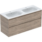 Zestaw podwójnej umywalki meblowej Selnova Square, slim rim, z szafką pod umywalkę, z dwoma szufladami: 130x62.1x48cm, Szerokość umywalki=130cm, Umywalka: biały, Korpus, Front: orzech hickory / melaminowa struktura drewna