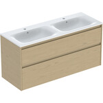 Zestaw podwójnej umywalki meblowej Selnova Square, slim rim, z szafką pod umywalkę, z dwoma szufladami: 130x62.1x48cm, Szerokość umywalki=130cm, Umywalka: biały, Korpus, Front: dąb naturalny / melaminowa struktura drewna