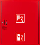 Hydrant intérieur DN25 encastré, avec emplacement pour extincteur sous le dévidoir, tuyau PVC 30m semi-rigide noir, type A à résistance mécanique accrue, serrure brevetée, couleur rouge RAL3000