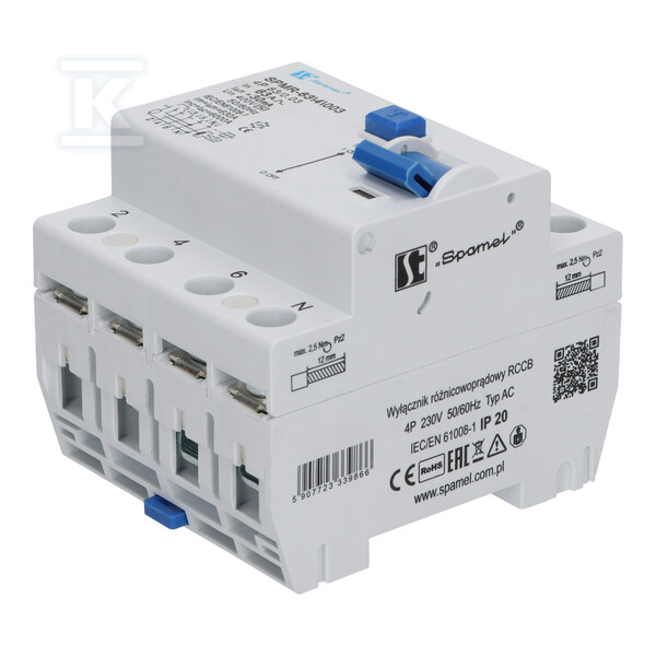 Wyłącznik różnicowoprądowy 4P 25A 30mA - SPMR-25\4\003