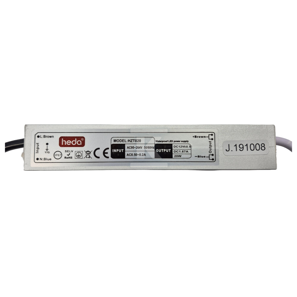 Zasilacz wodoodporny do LED IP67 20W, - HZT020