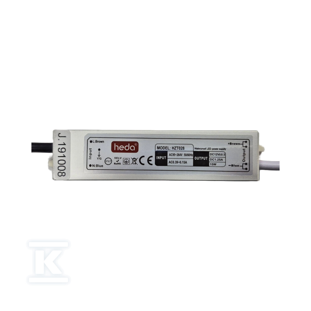 Zasilacz wodoodporny do LED IP67 15W, - HZT028