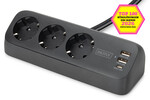 Listwa zasilająca biurkowa, 3 gniazda Schuko, 2x USB-A (2x 12W), 1x USB-C (30W) z zaciskiem na blat, kabel 1,5m, czarna
