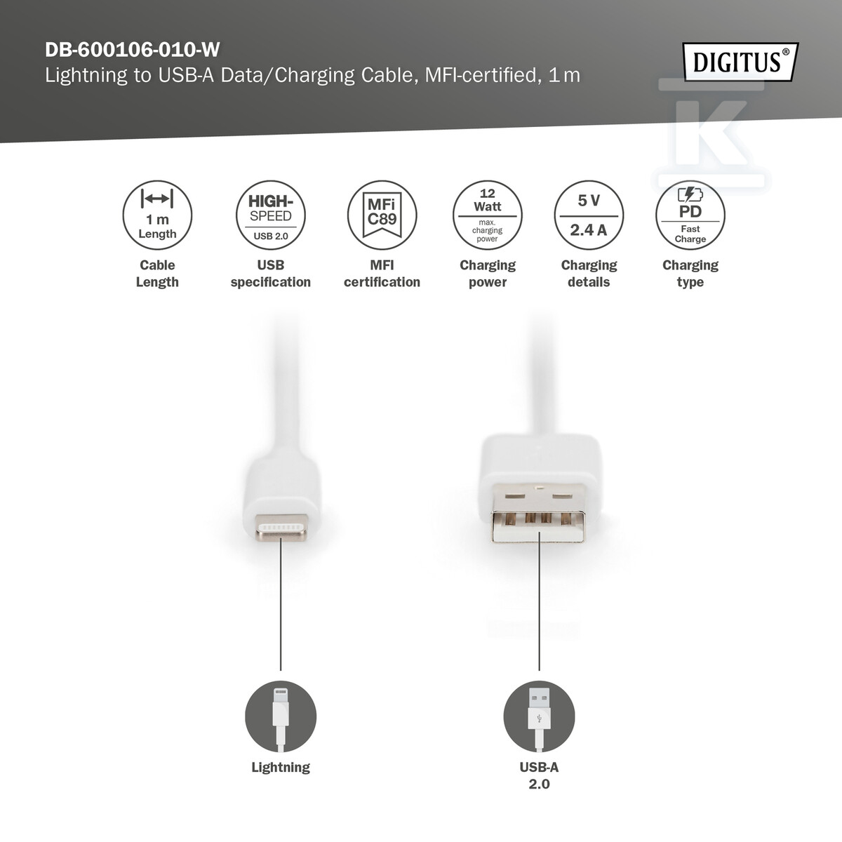 Apple charger/data cable, Apple 8pin - - DB-600106-010-W
