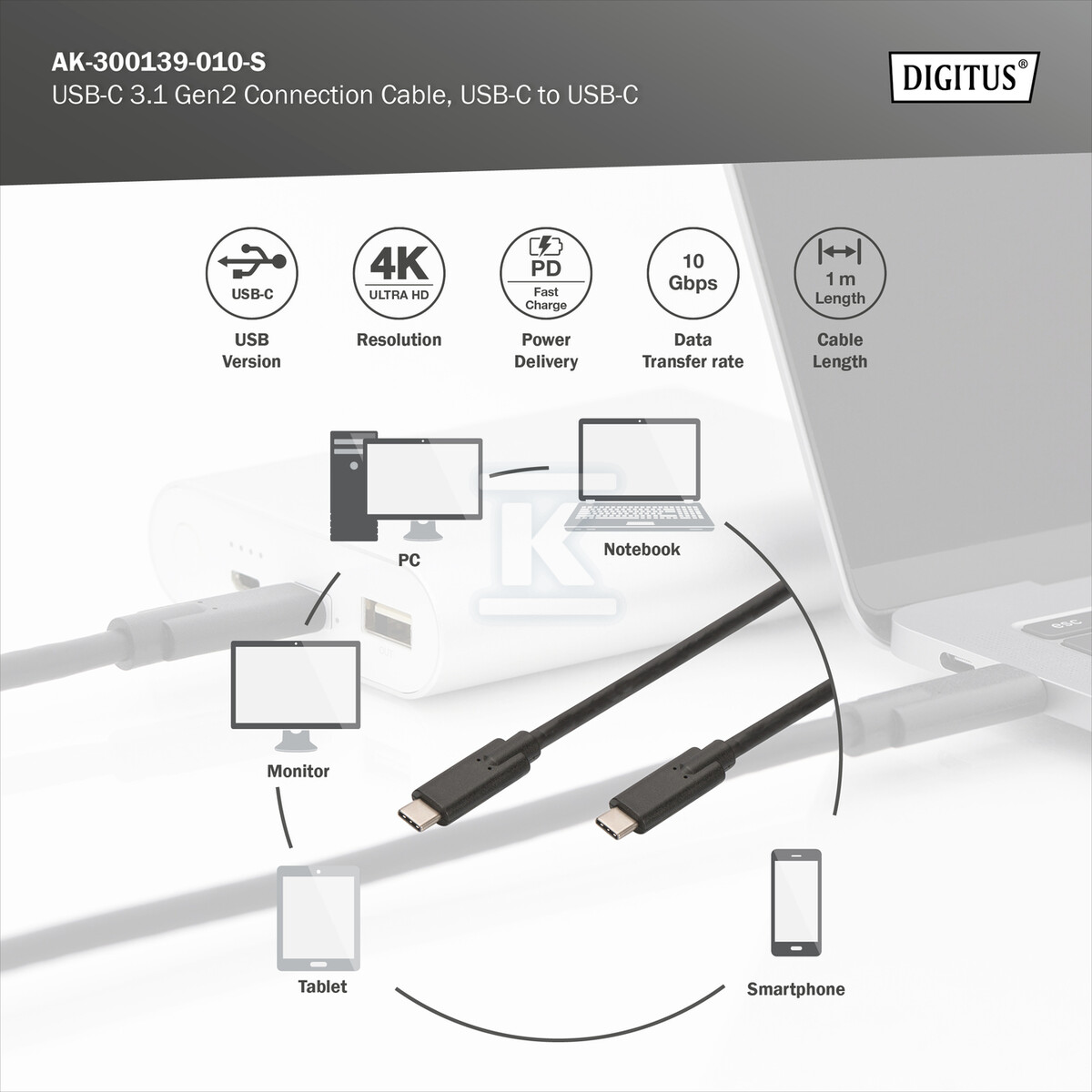 Kabel USB C/USB C M/M czarny 1m USB 3.1 - AK-300139-010-S