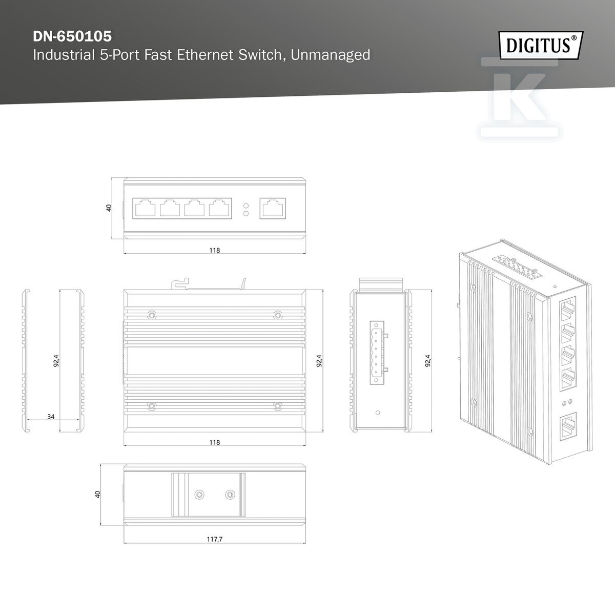 Przemysłowy switch 4x 100 Base-TX + 1x - DN-650105