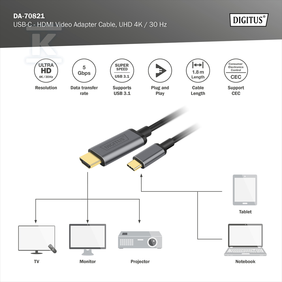 Kabel adapter HDMI 4K 30Hz na USB Typ - DA-70821