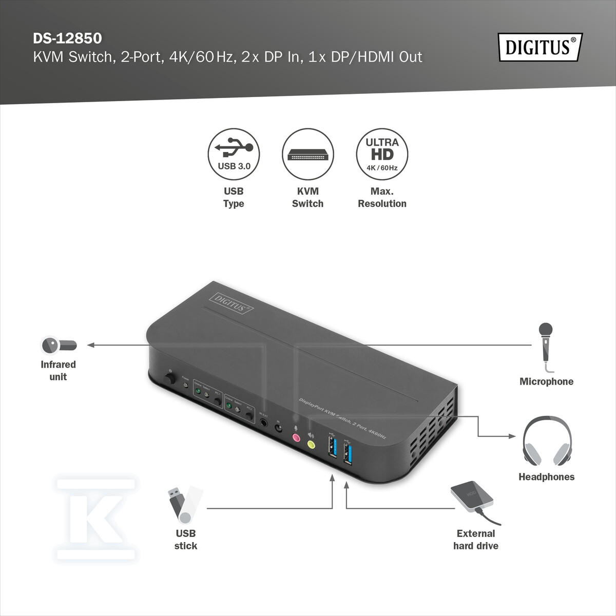 Przełącznik KVM, 2 portowy, 4K 60Hz, - DS-12850
