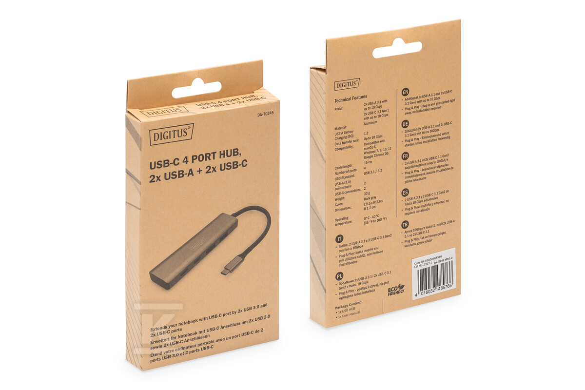Hub USB Typ C 4-portowy 2x USB-A, 2x - DA-70245