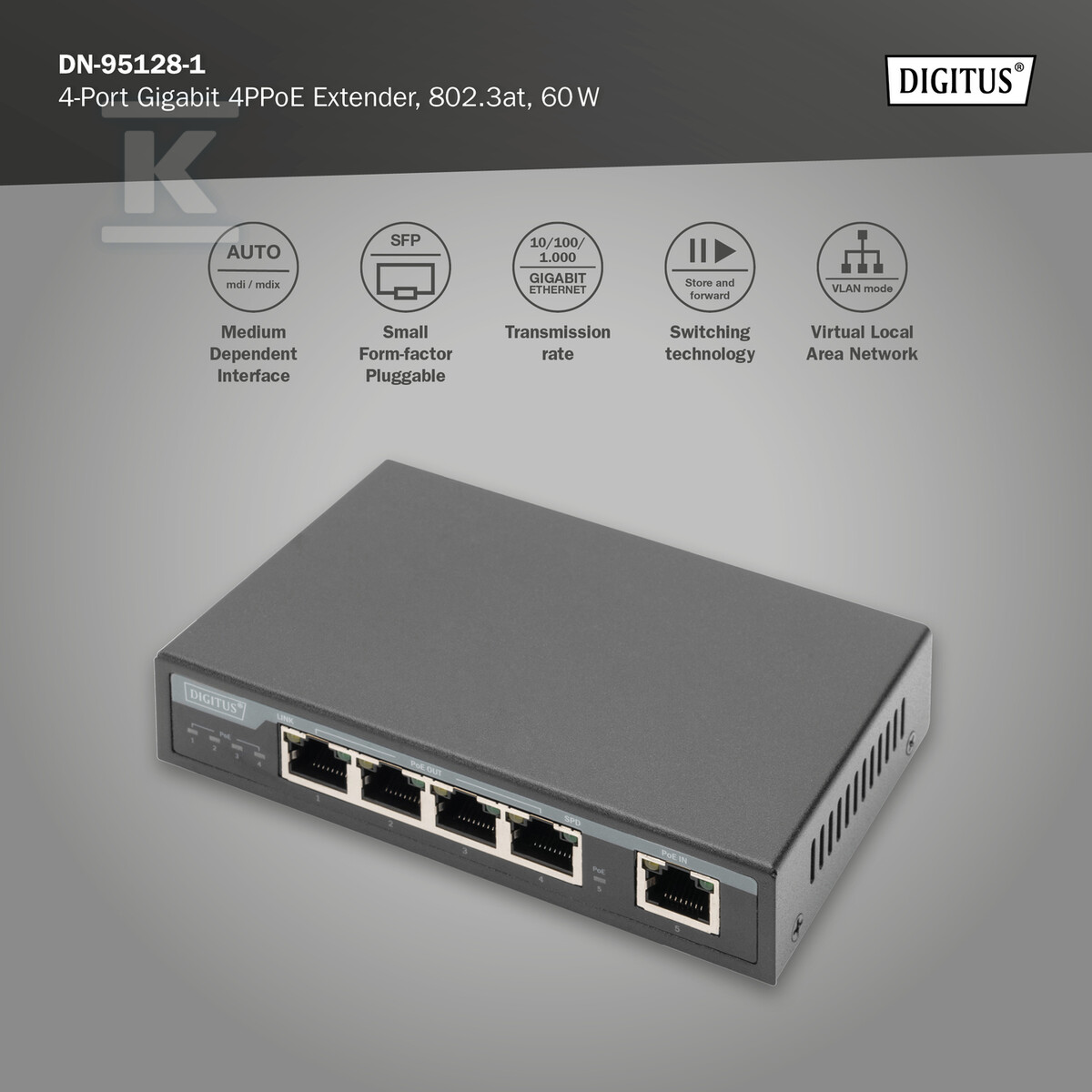 Przedłużacz/Extender PoE+ 4-portowy - DN-95128-1