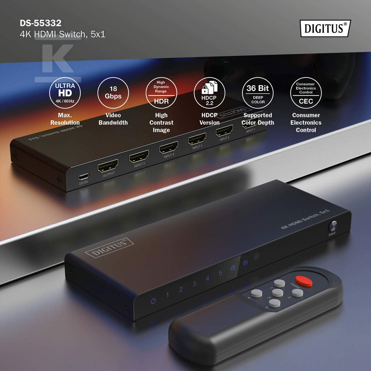 Przełącznik / Switch HDMI 5x1, 4K/60Hz - DS-55332