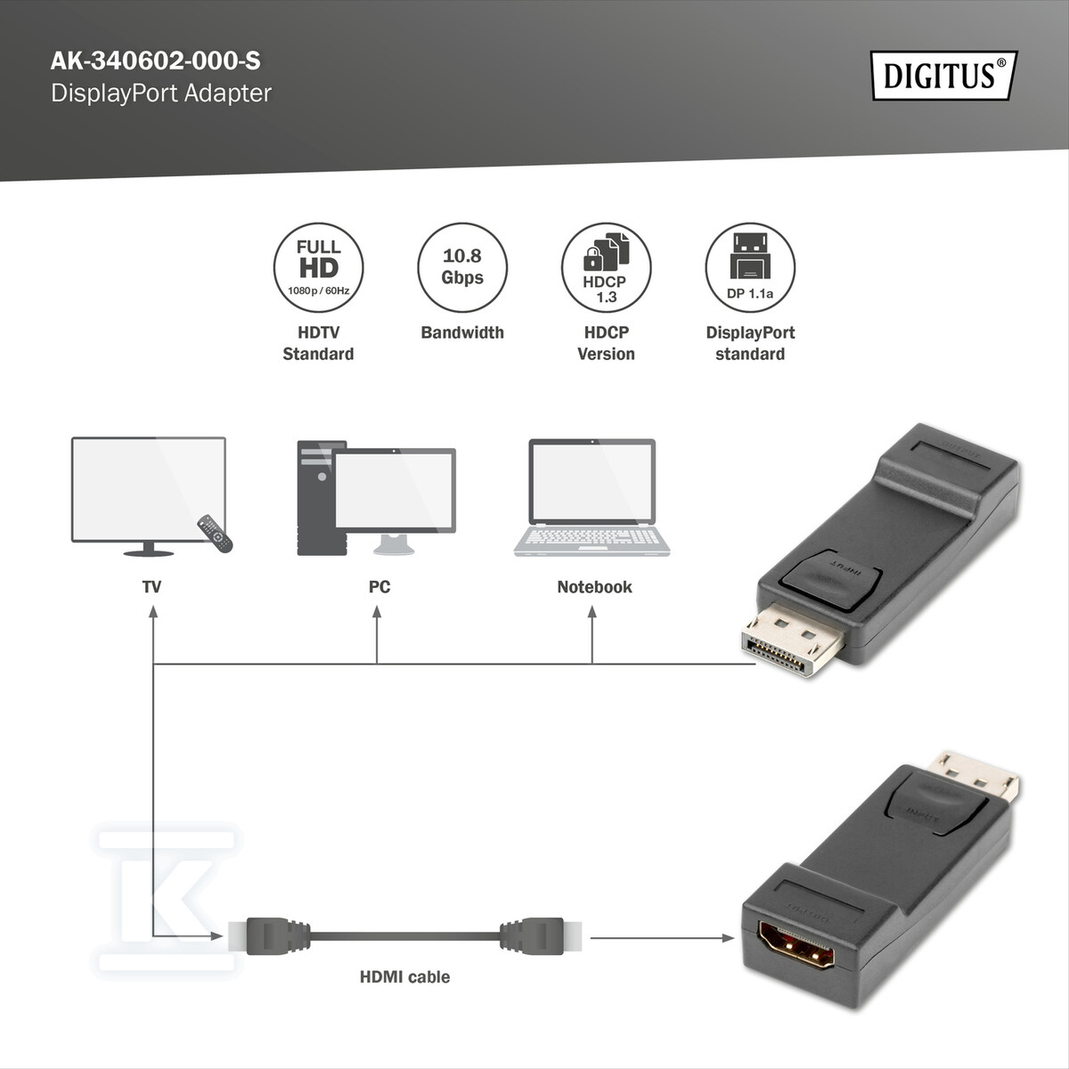 Adapter DP/HDMI A M/Ż czarny - AK-340602-000-S