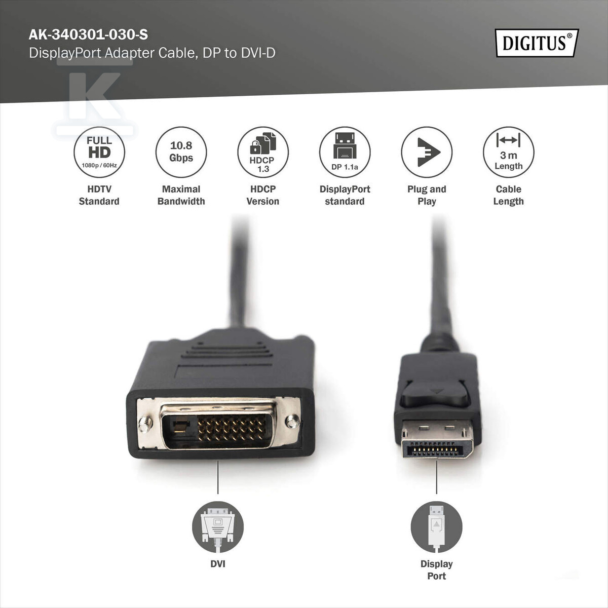 Kabel DP/DVI-D (24+1) M/M z zatrzaskiem - AK-340301-030-S