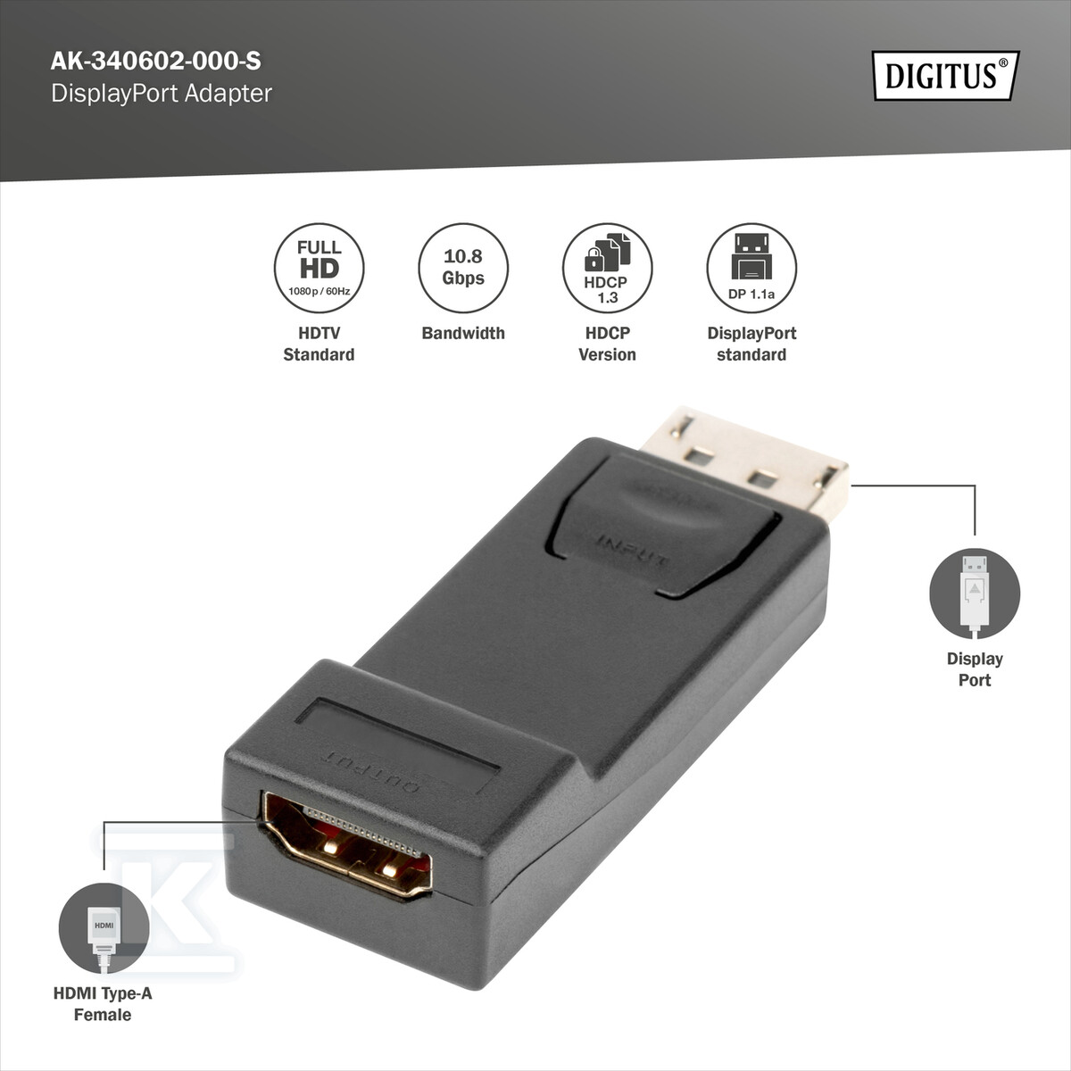 Adapter DP/HDMI A M/Ż czarny - AK-340602-000-S