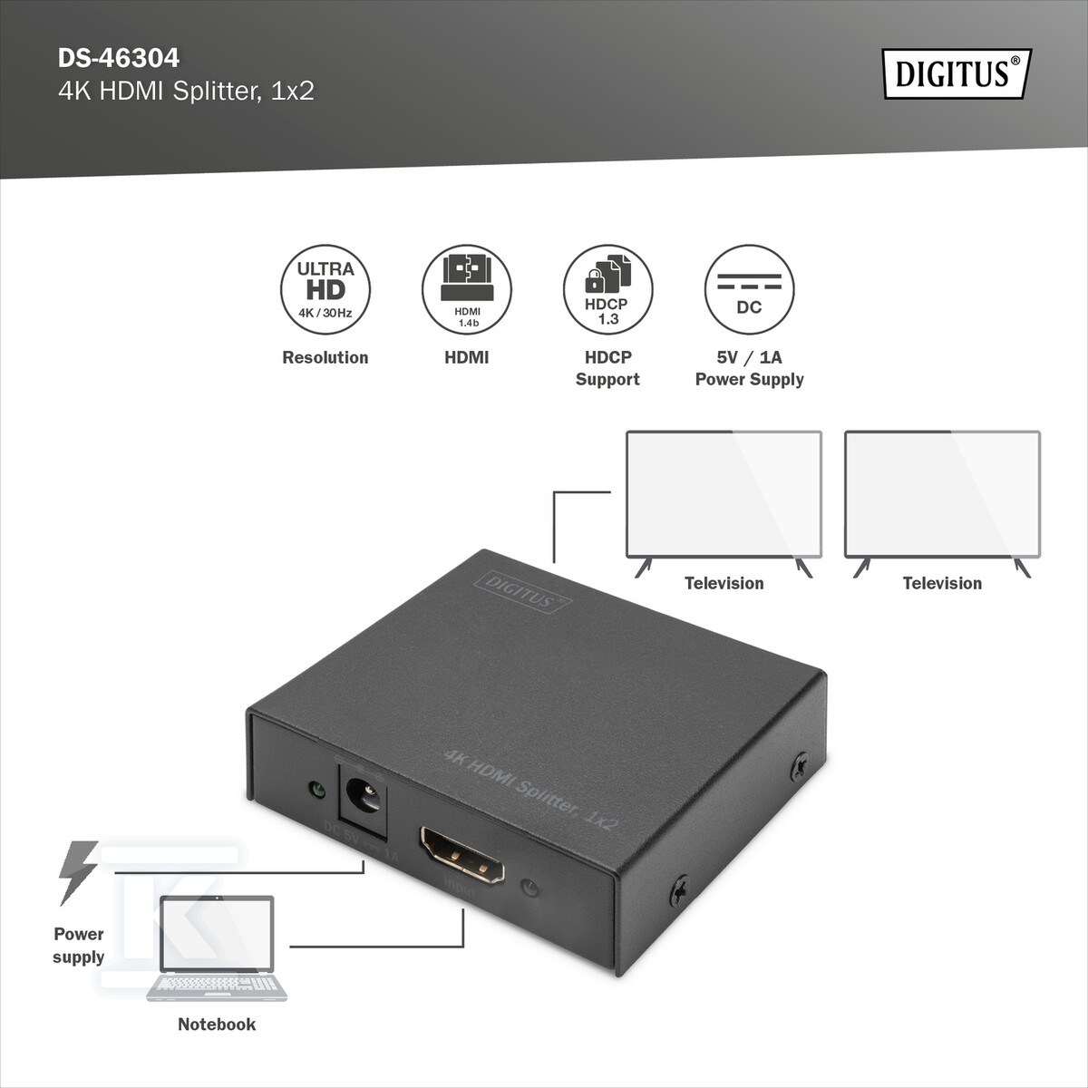 Splitter HDMI 2-portowy UHD4K 30Hz 3D - DS-46304