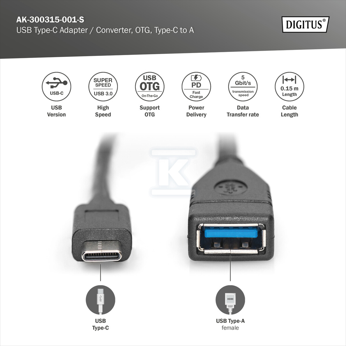 Kabel USB C/USB A M/Ż OTG czarny 0,15m - AK-300315-001-S