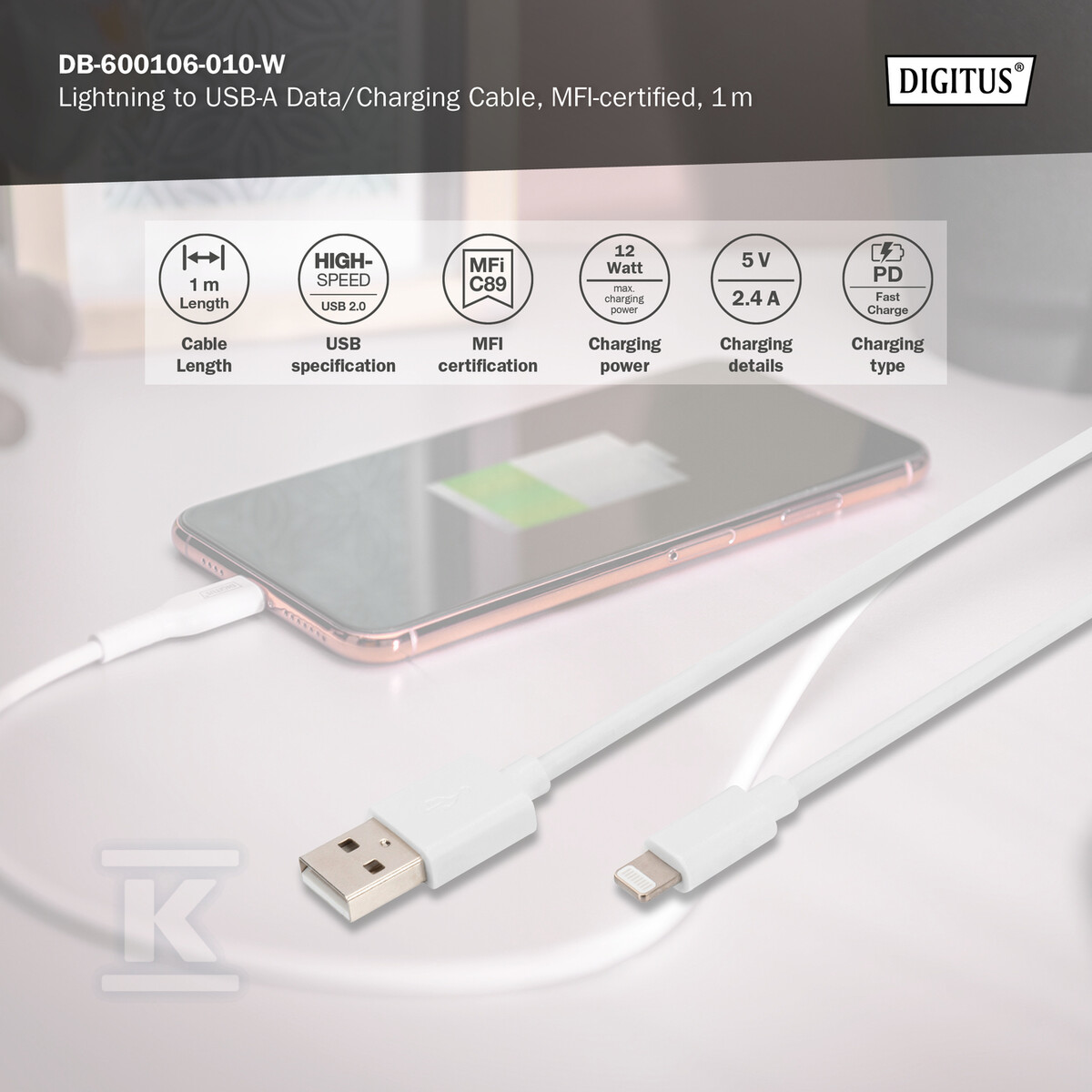 Apple charger/data cable, Apple 8pin - - DB-600106-010-W