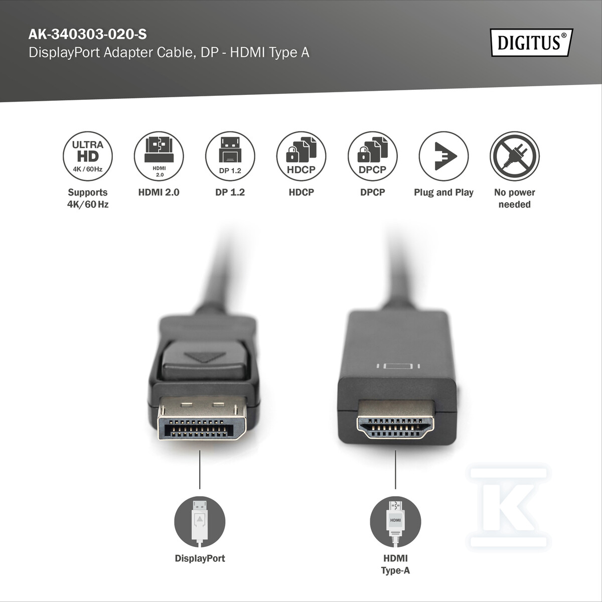 Kabel DP/HDMI A M/M z zatrzaskiem - AK-340303-020-S