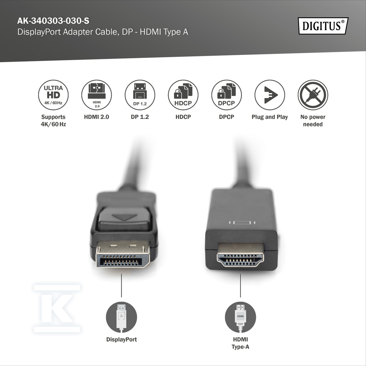 Kabel DP/HDMI A M/M z zatrzaskiem - AK-340303-030-S