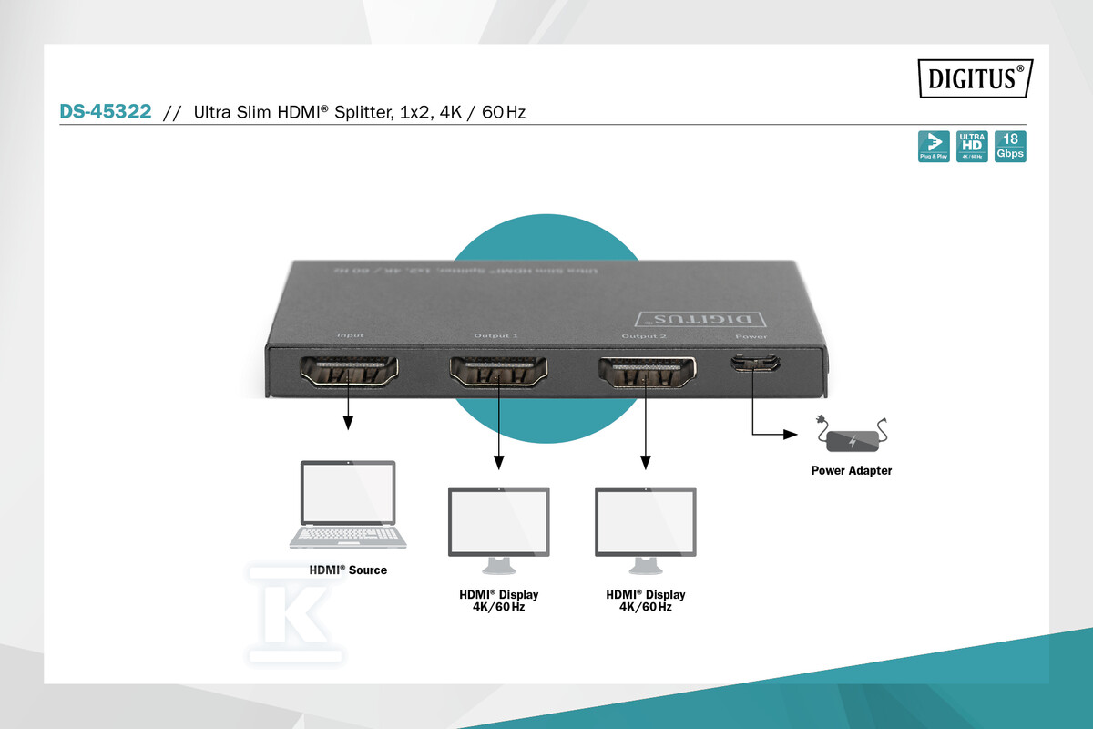 Splitter HDMI 2-portowy UHD4K 60Hz HDR - DS-45322