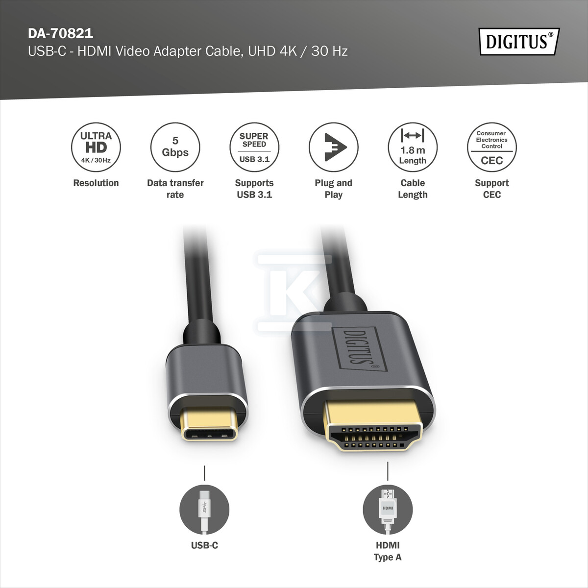 Kabel adapter HDMI 4K 30Hz na USB Typ - DA-70821